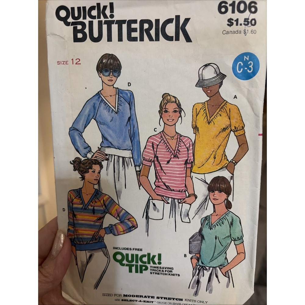 Vintage Butterick 6106 Blouse Sewing Pattern Size 12 Cut Complete V-Neck Top